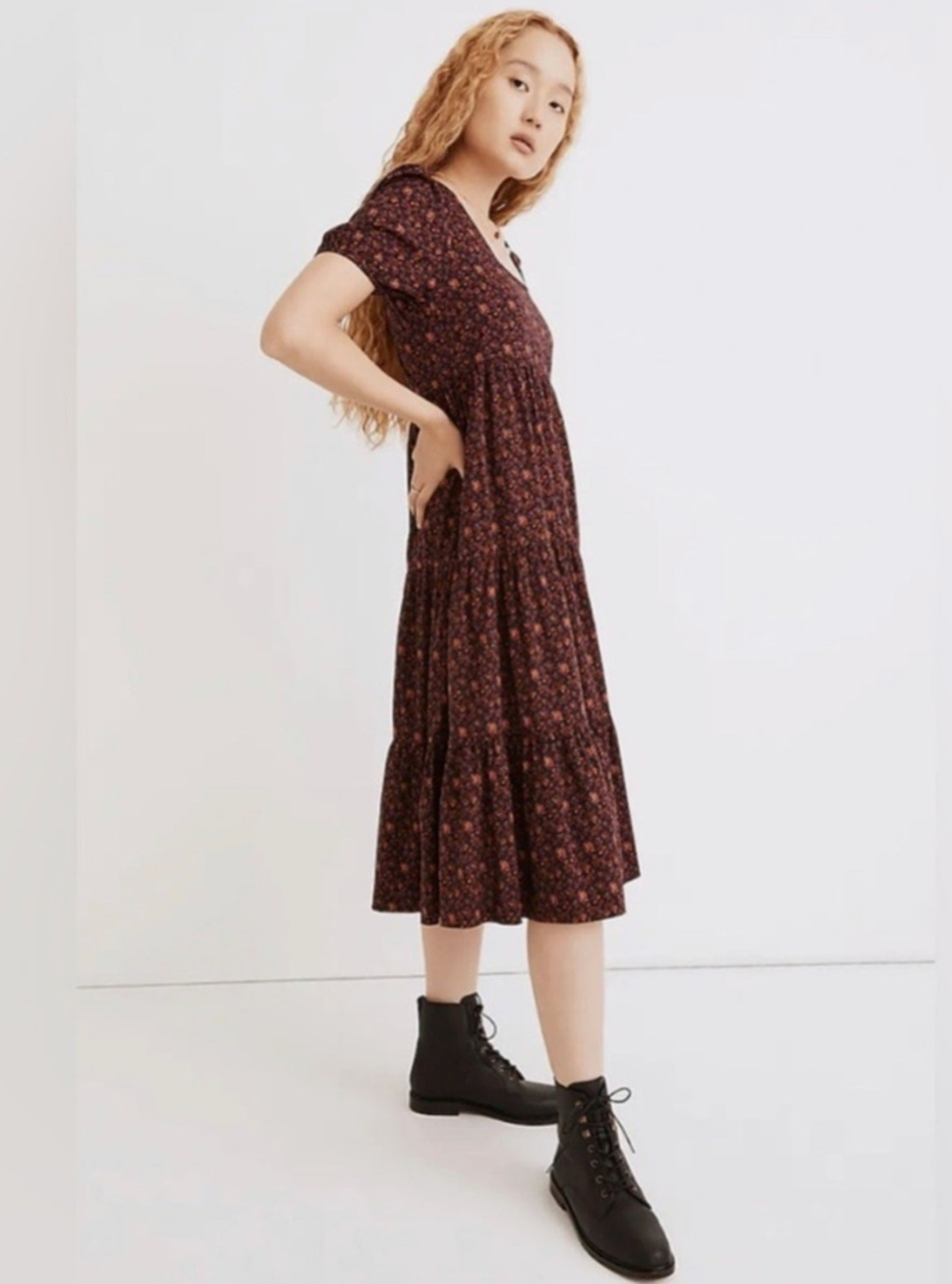 Madewell Aidy Square Neck Tiered Midi Dress Short Sleeve Floral Print Size 4